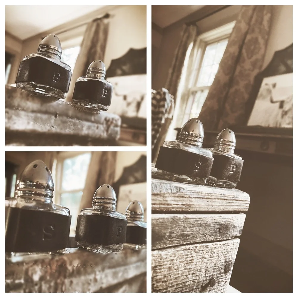 Mini Glass Salt & Pepper Shakers Set | Hand-Wrapped Rustic Italian Leather